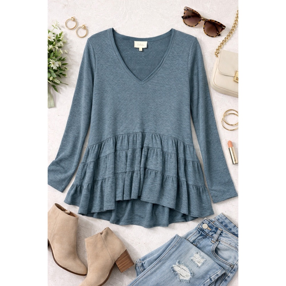 Deletta Anthropologie Womens Small Teal Blue Tiered Peplum‎ V-Neck Blouse Boho